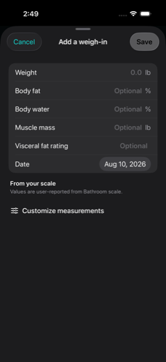 Trendline screen: the manual entry sheet with readings logged.